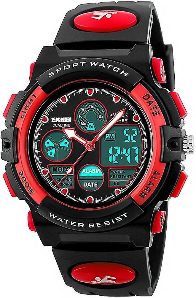 Kids Sports Watch Waterproof Boys Multi-Function Analog Digital Wristwatch LED Alarm Stopwatch Red