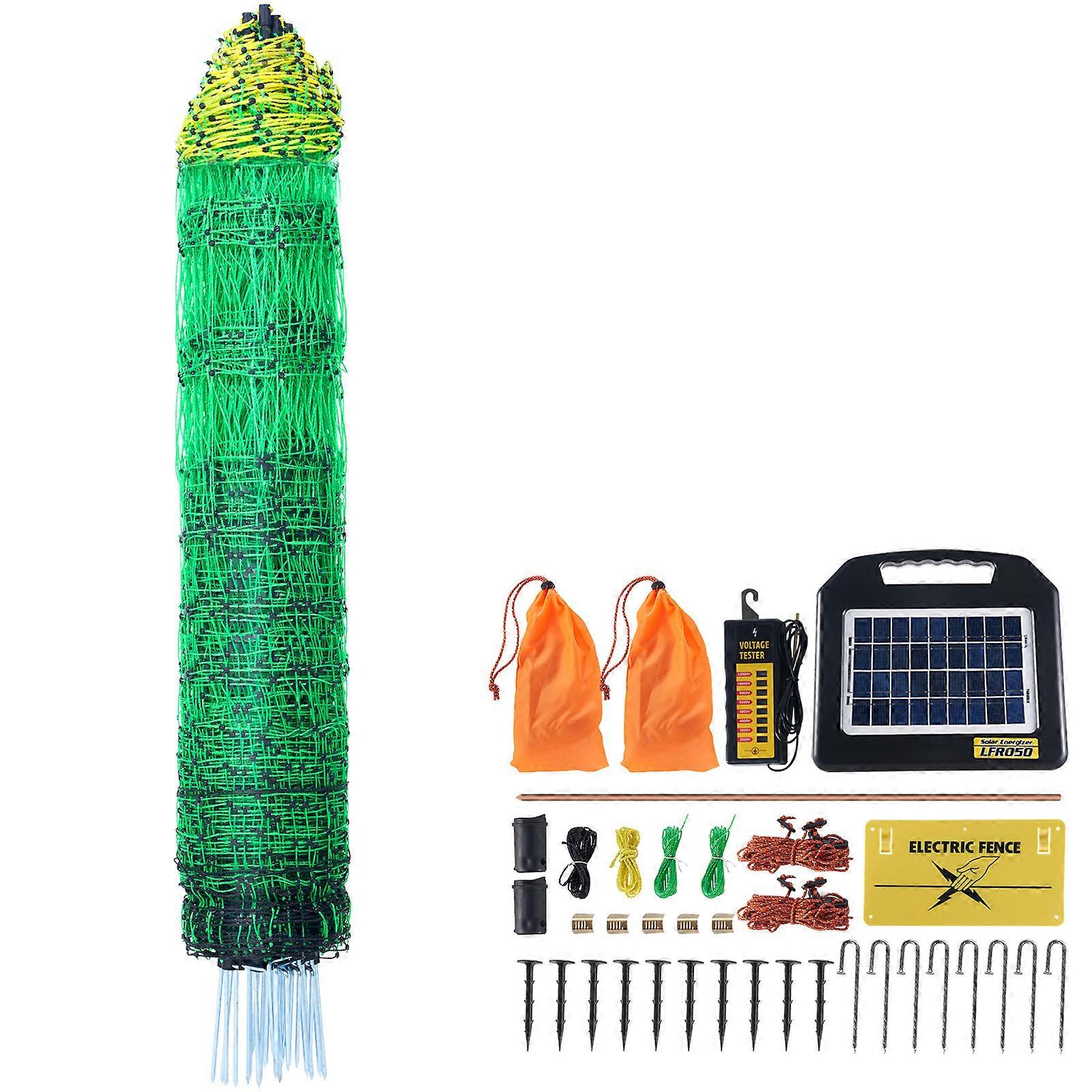 Electric Fence Netting, 48" H x 100' L,with Solar Charger/Posts/Double-Spiked Stakes,Utility Portable Mesh,Used in Backyards, Farms