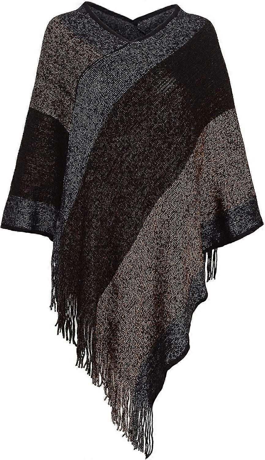 Frauen Poncho Pullover V Ausschnitt gestreifter Strickschal Cape Pullover mit Fransen Geschenke