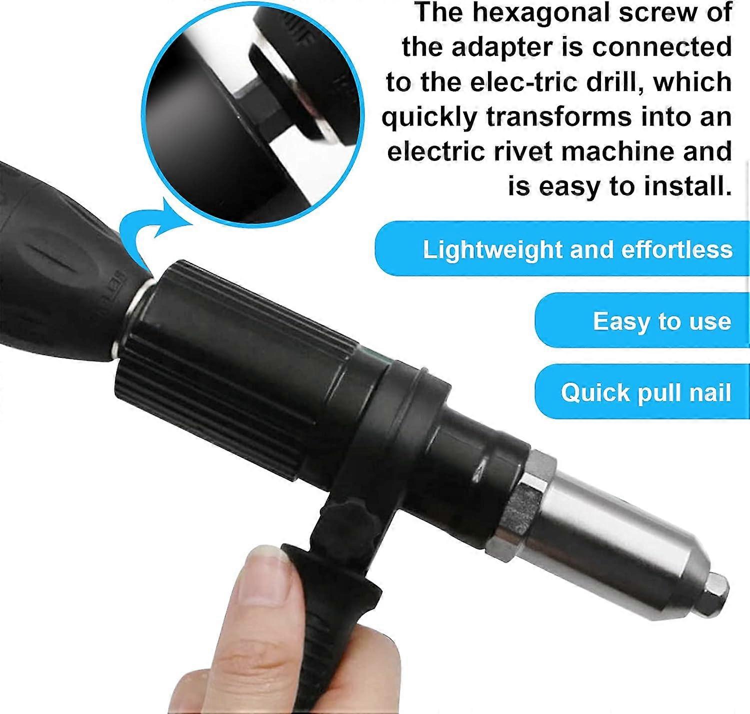 Electric Riveter Gun Adapter Riveter Drill Adapter Riveter Insert Nut Tool with Diameter 2.4/3.2/4.0/4.8mm Rivet Head and Black Handle Wrench