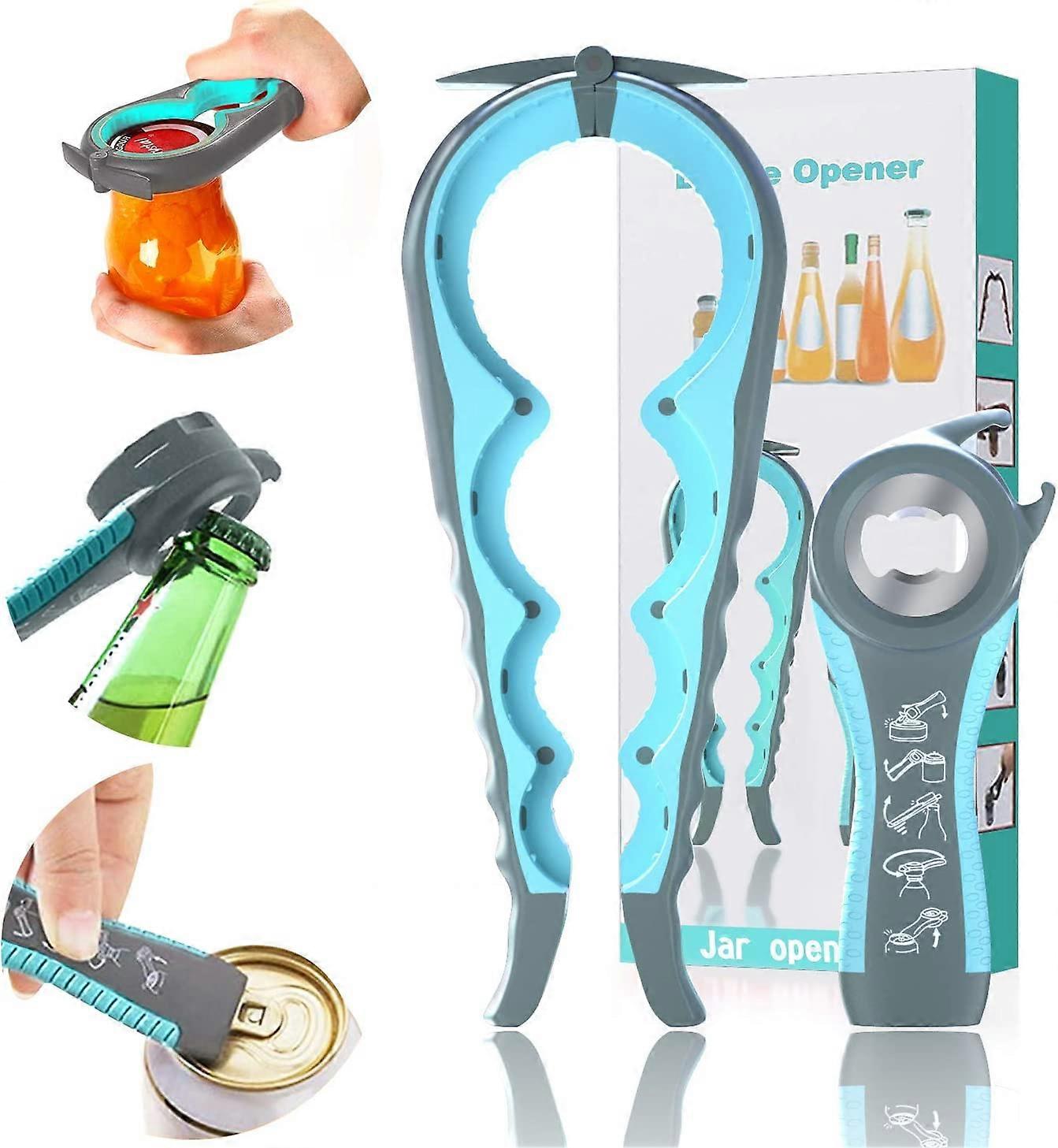 Jar Opener - 5 in 1 Bottle Opener Multifunction Can Opener Set, with Silicone Handle Easy to Use for Children, Weak Hands, Seniors with Arthritis, Blu