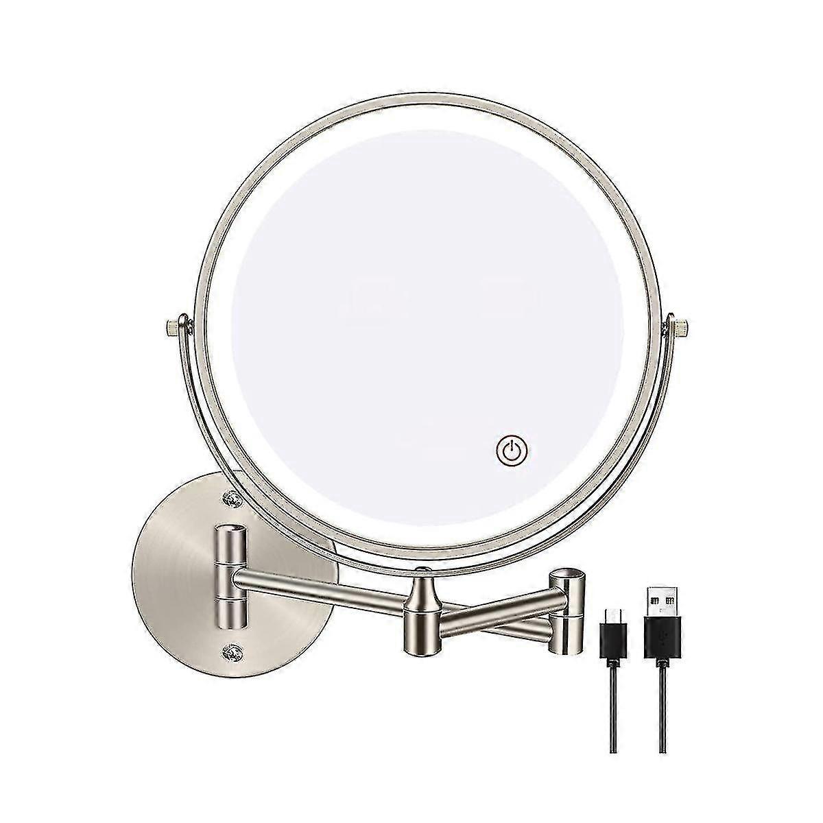8in Chargeable Wall Mounted Vanity/bathroom Double Side Mirror 1x/10x Enlarge Led&3color Temp Touch Screen 360 Rotat C