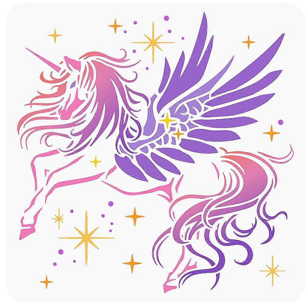 Unicorn Stencil 11.8x11.8inch Reusable Unicorn Pegasus Drawing Template Unicorn and Star Pattern Craft Stencil Dream Theme Stencil for Painting on Wal