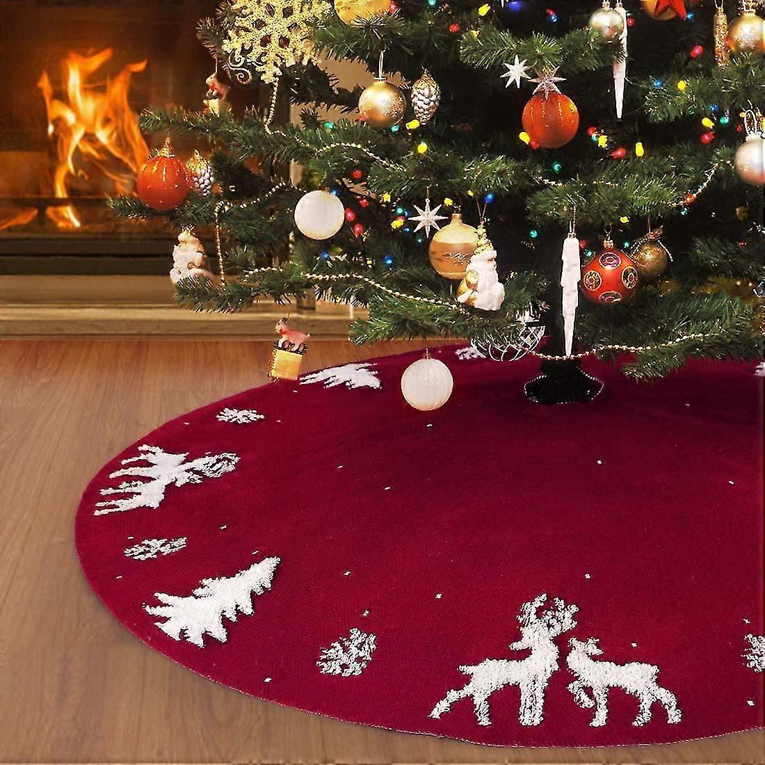 48inch Jupe De Sapin De Nol En Tricot De 122cm, Tapis De Sapin De Nol En 3d Avec Lan Rouge Rustique Pour Dcorations De Nol D'intrieur Ou D'extrieur,59