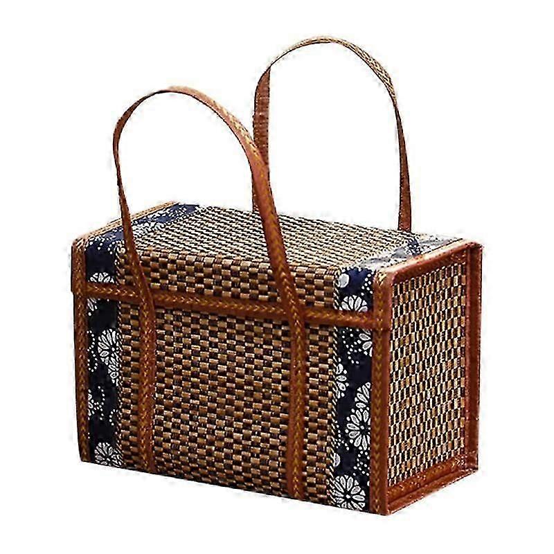 Picnic Woven Basket Wicker Storage Bag Handle Folded Fruit Shopping Food Handle Rattan Grass Foldab DS