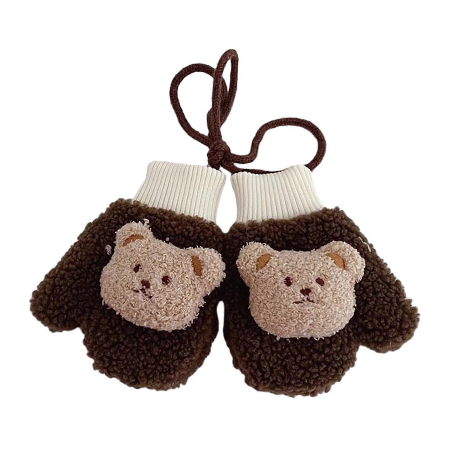 1ペアの子羊ウール暖かい手袋子供用冬のミトンソフト通気性フルフィンガーグローブ、漫画のクマの装飾ぬいぐるみのクマの暗い眉