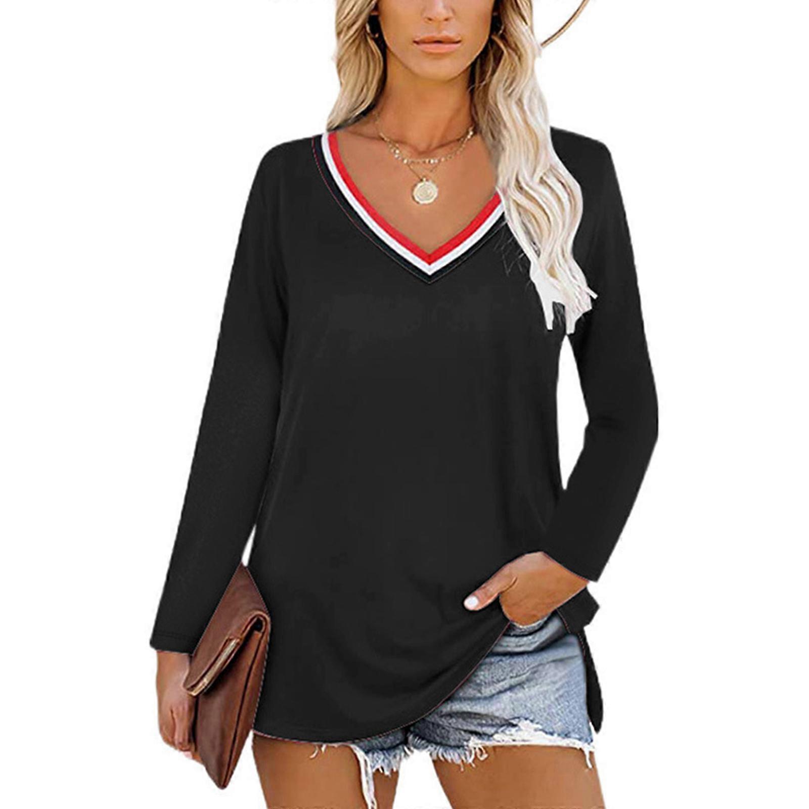 Tunique à manches longues pour femme, t-shirt rayé, col en V