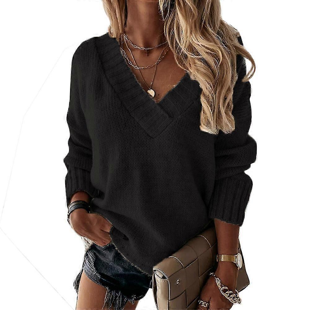 Damen Strickpullover mit V-Ausschnitt, Langarm, lässiger Pullover @BUGU