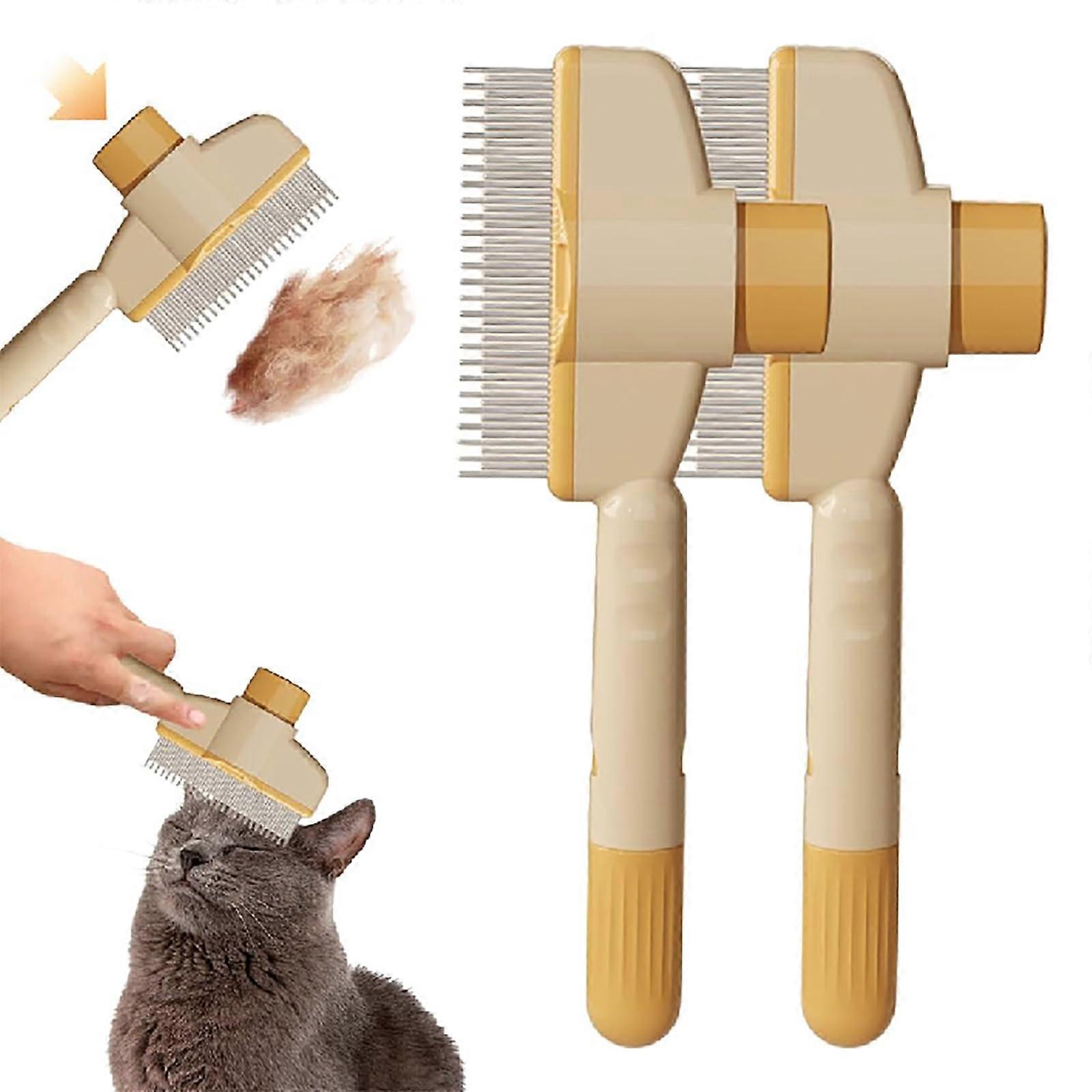 Flea Comb Pet Hair Removal Comb For Cats And Dogs, Massaging Brush, Release Button, Beige, 2-Pack