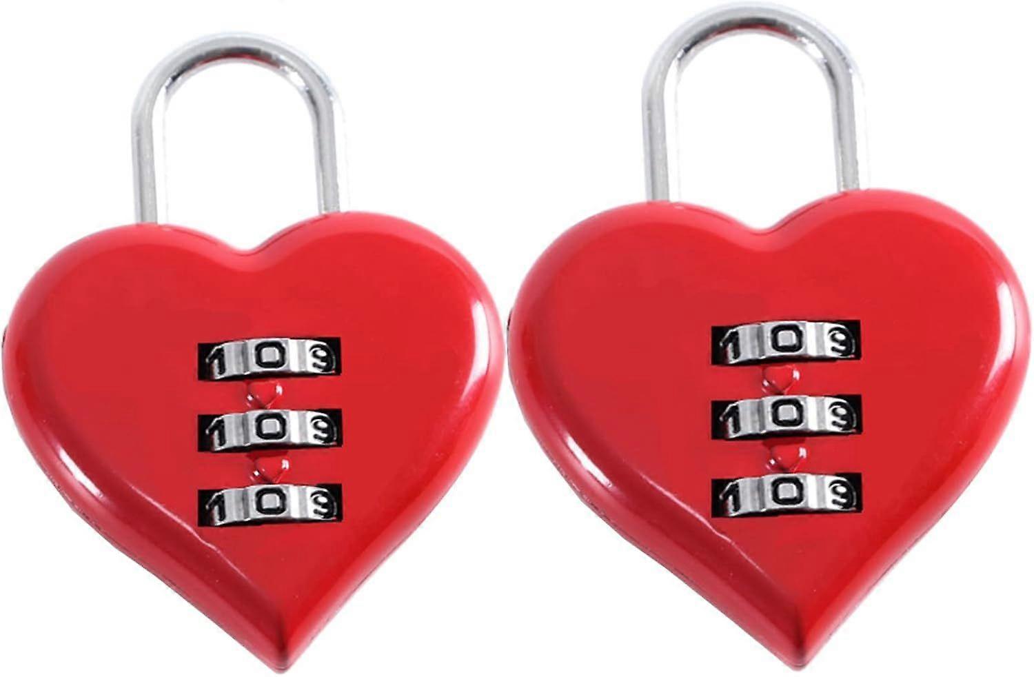 Heart Shaped Padlock with Digital Code, Red, Small 3-Digit Combination Padlock for Suitcases, Cabinets, Lockers, Backpacks, 2 Pack