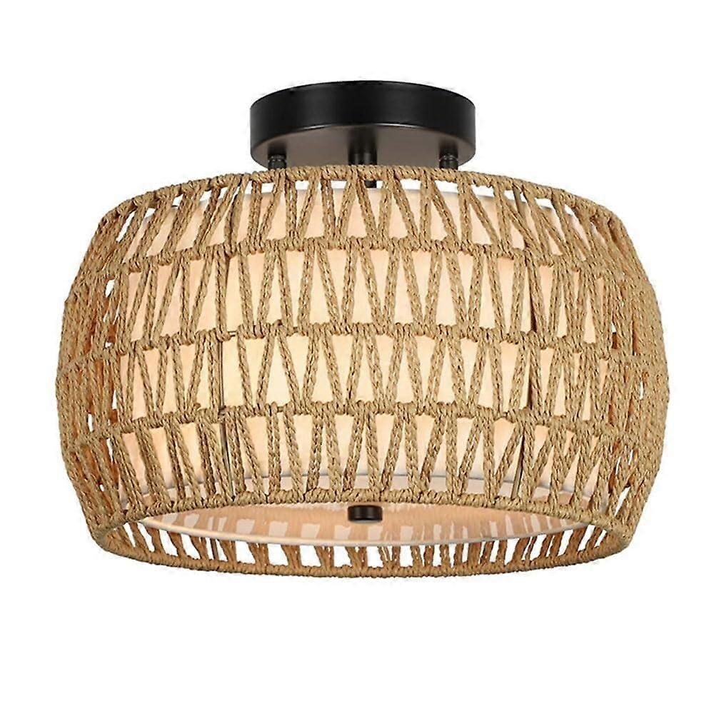 Hemp Rope Ceiling Lamp, Country Style, Rattan Flush Mount, Boho Woven Bamboo Shade, Easy Install Fixture For Bedroom