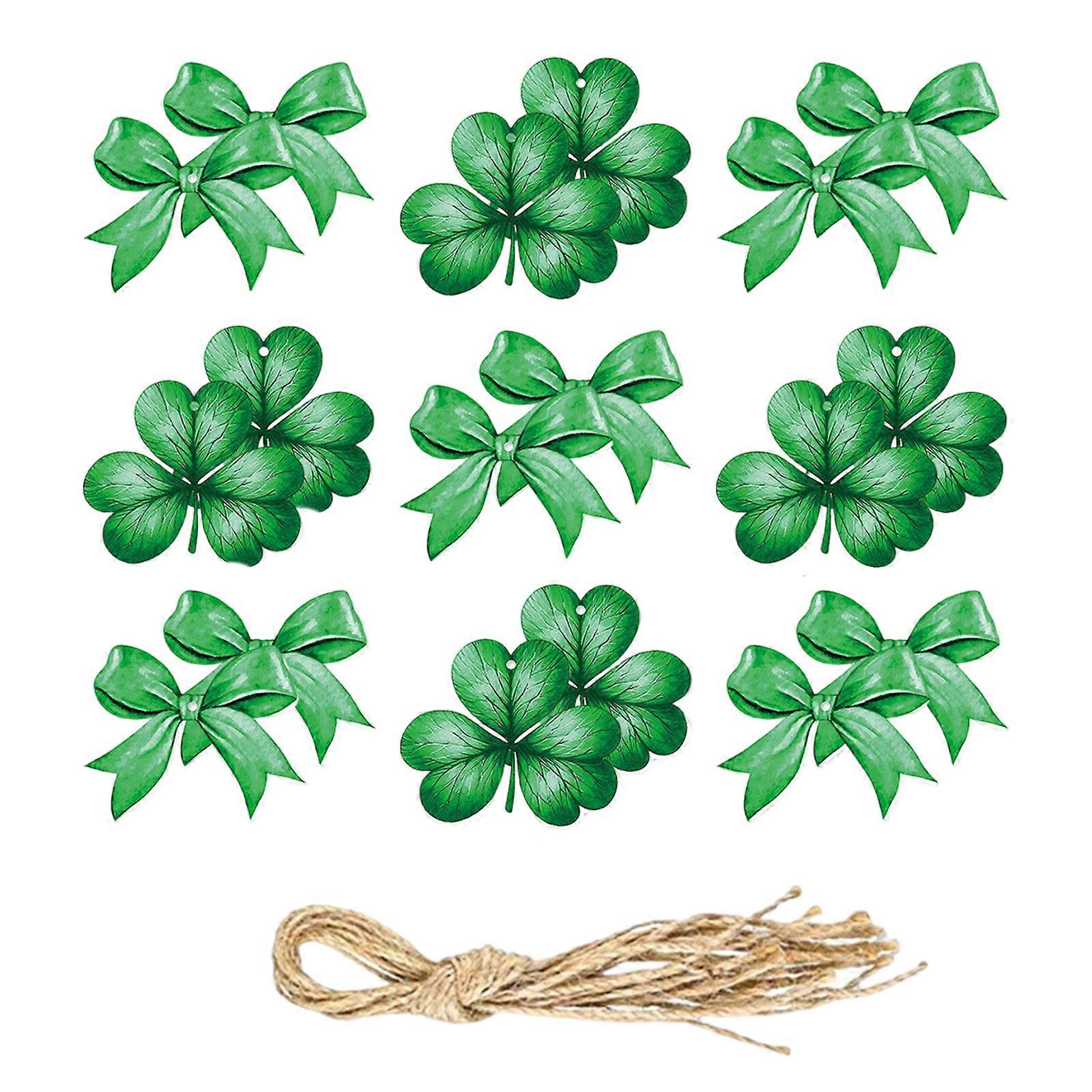 24Pcs Patricks Day Gift Tagged Green Shamrock Bows Paper Labels Hanging Ornaments with String for Irish Holiday Decors