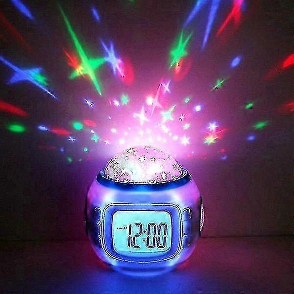 Children's Alarm Clock with Night Light, Music, and Temperature Display, Starry Ceiling Projector Suitable for Kids, Includes Date Functiona