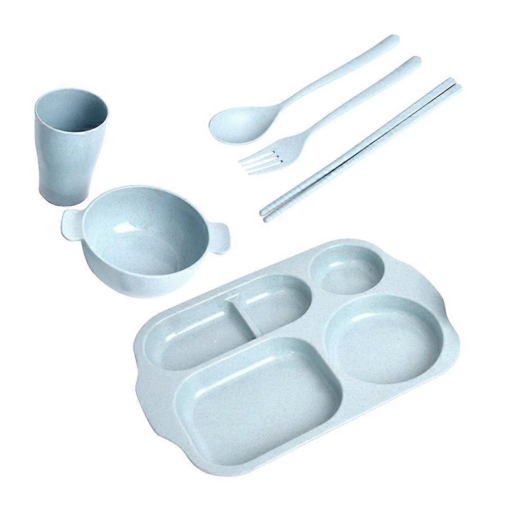 Straw Child Dinner Families Daily Use Blue 6Pcs Consists Of Plate Bowl Cup Spoon Fork And Chopsticks