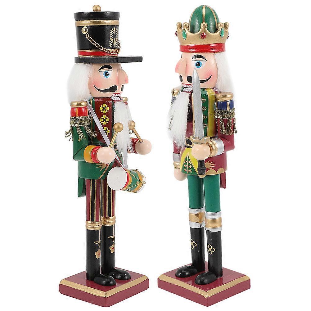 Wooden Nutcracker Christmas Decor, 2pcs Traditional Soldier Puppet Ornaments with Green Sword and Drum, Festive Xmas Tabletop Decorations for Home