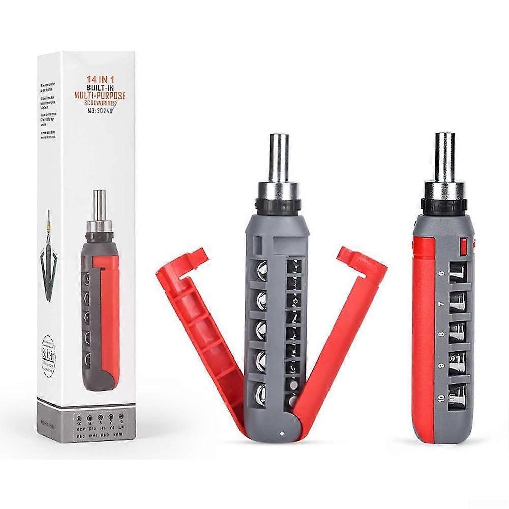 Multiangle ratchet screwdriver with 14 interchangeable heads for home and car repair needs (red) Red