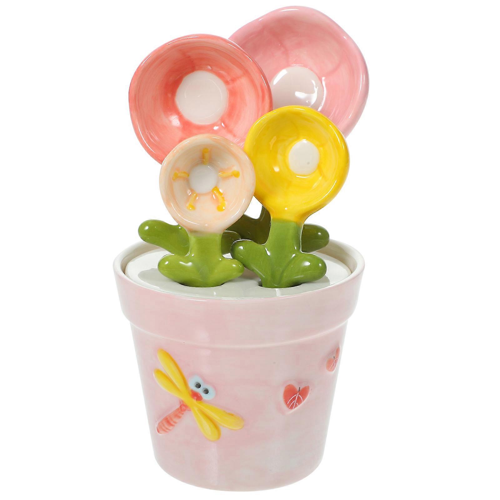 Flower Ceramic Measuring Spoon Set with Holder for Baking, Cooking, Home, Café & Restaurant Use – Space Saving Design