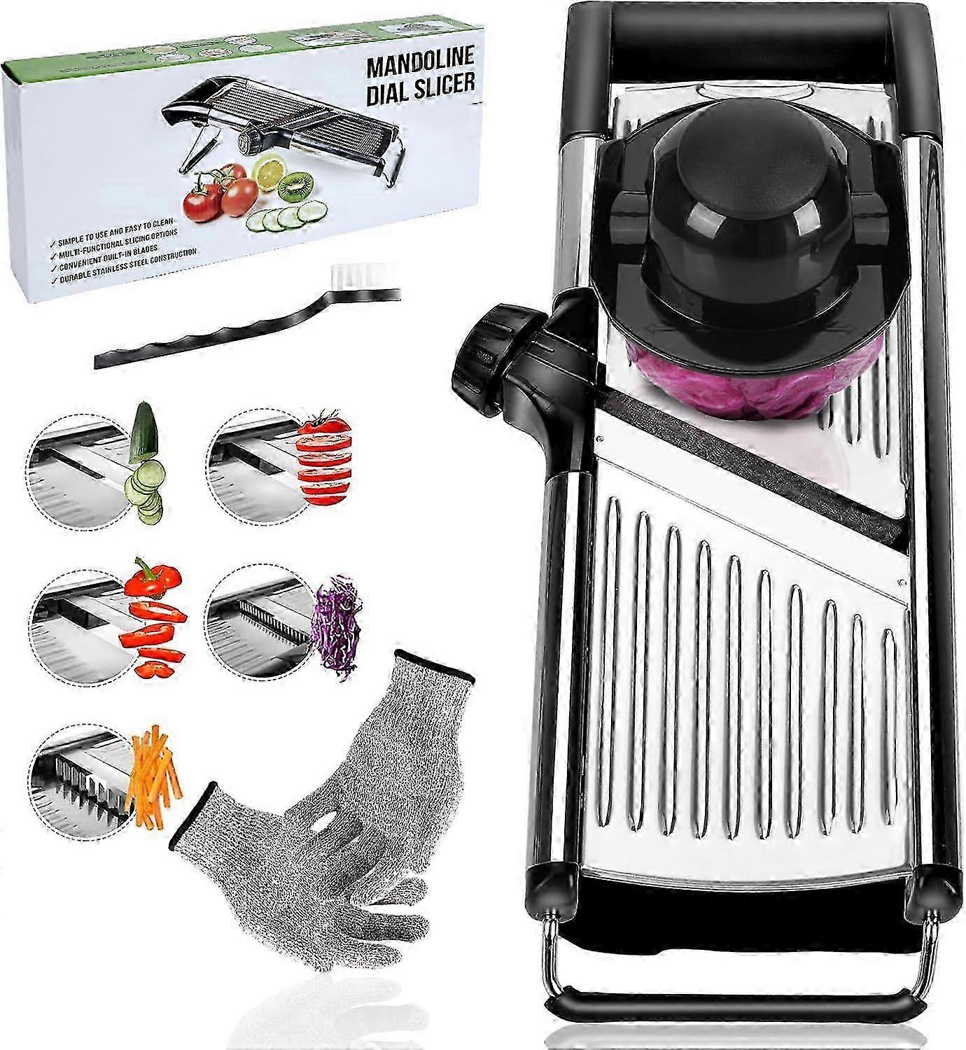 5 in 1 Stainless Steel Food Slicer for Vegetables, Potatoes, Onions, Adjustable Slicer with Cut-Proof Gloves and Brush, Compatible with Vari