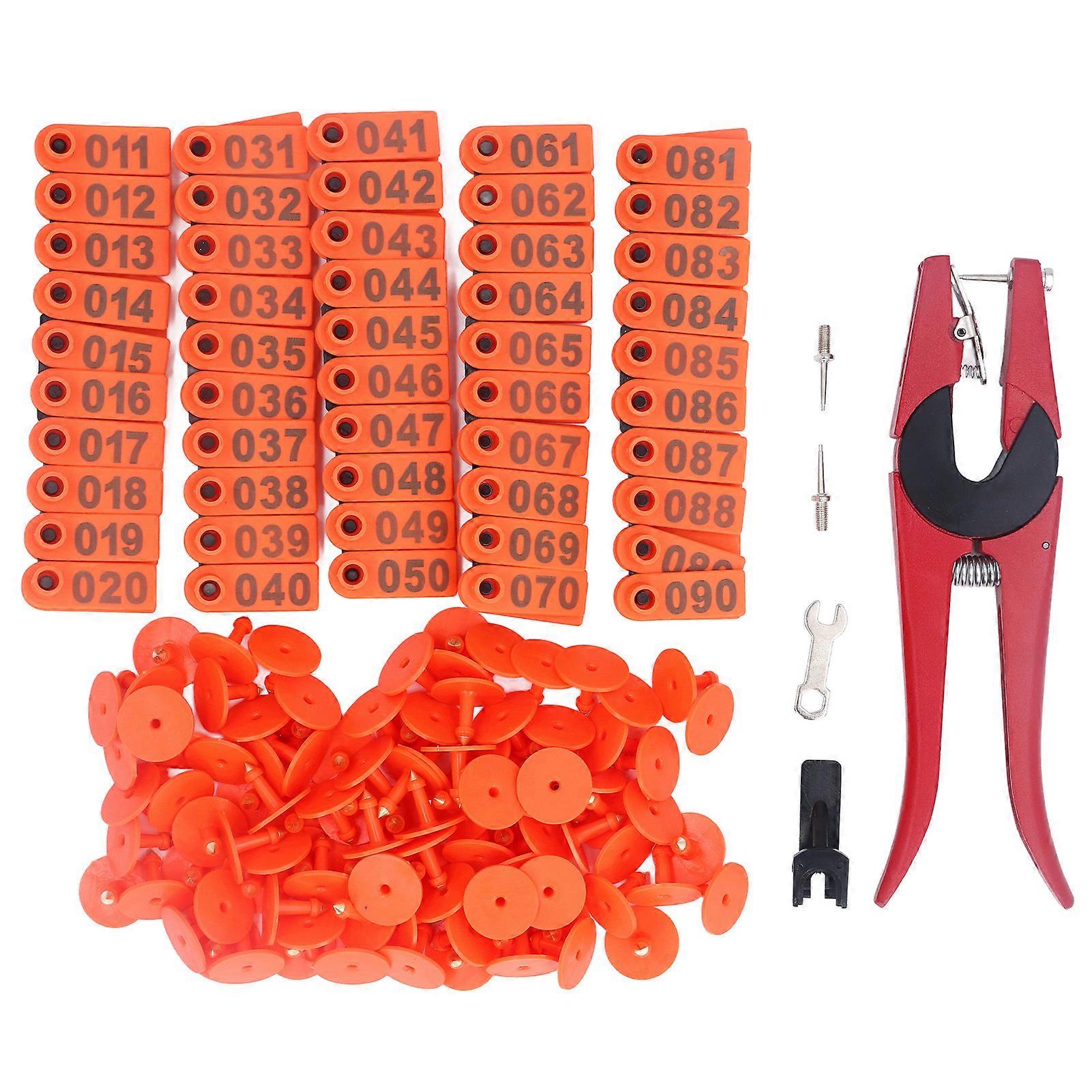100 Sets Livestock Ear Tag Kit Number Animal Ear Tag with Applicator for Cattle Horse Pig Sheep Orange Ear Tag with Red Pliers with 2 Ear Tag Needle
