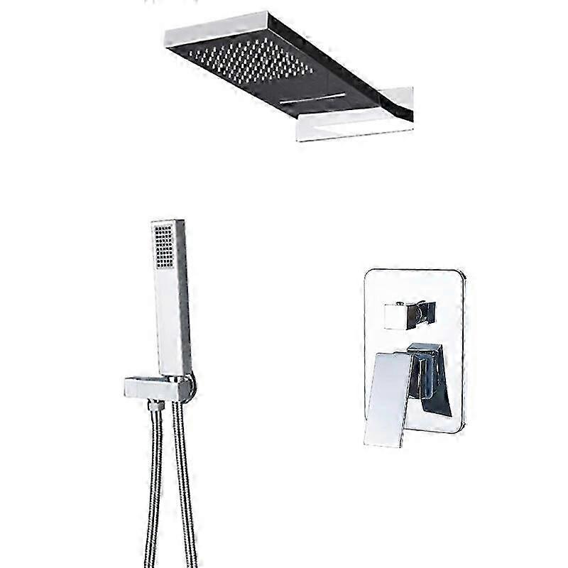 Set di rubinetti per doccia a pioggia a cascata nera opaca con colonna doccia a parete e valvola miscelatrice in ottone per bagno