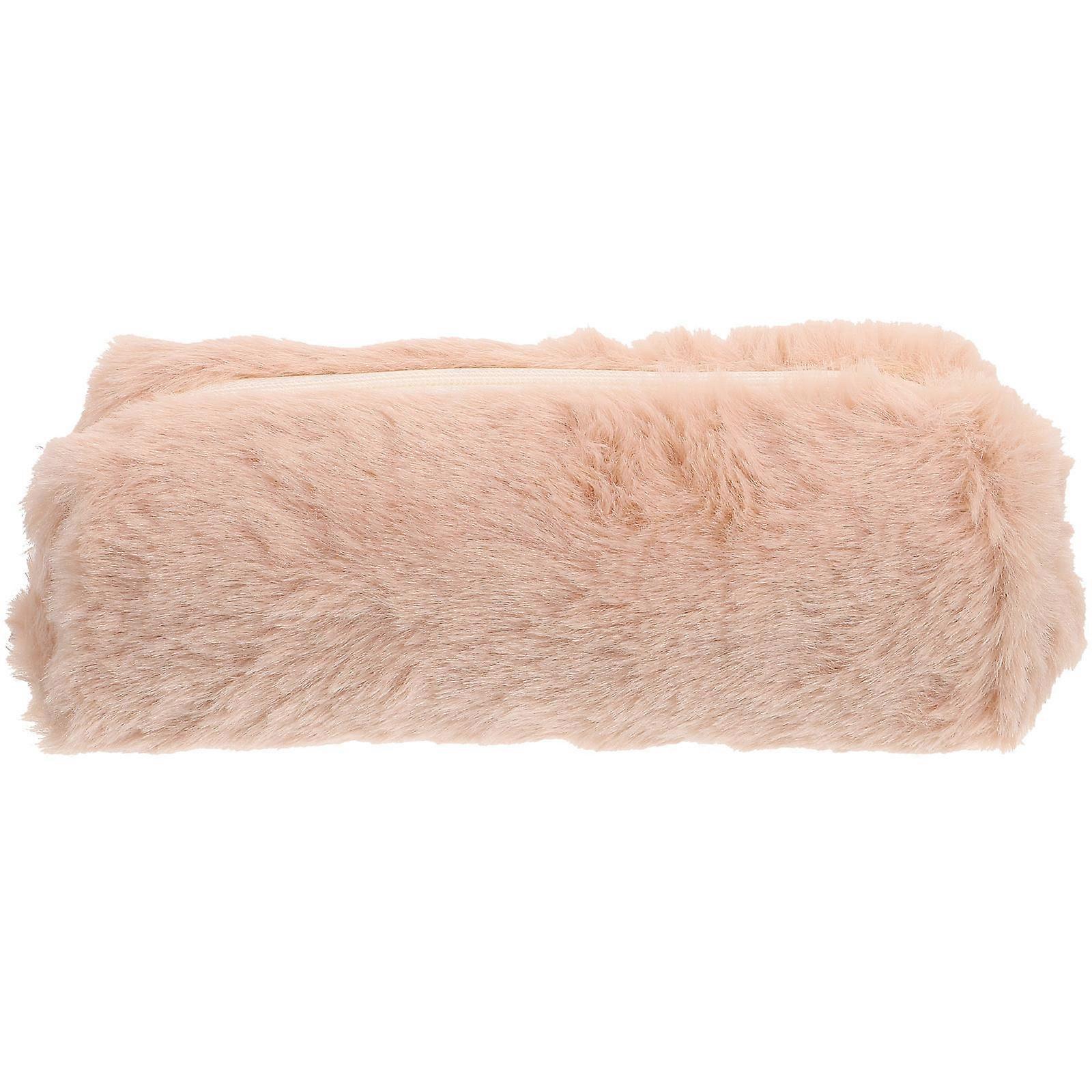 Khaki Zippered Pencil Case for Students Featuring Soft Fluffy Material Ideal for Storing Small Tools and Stationery Items for School Use 1Pack