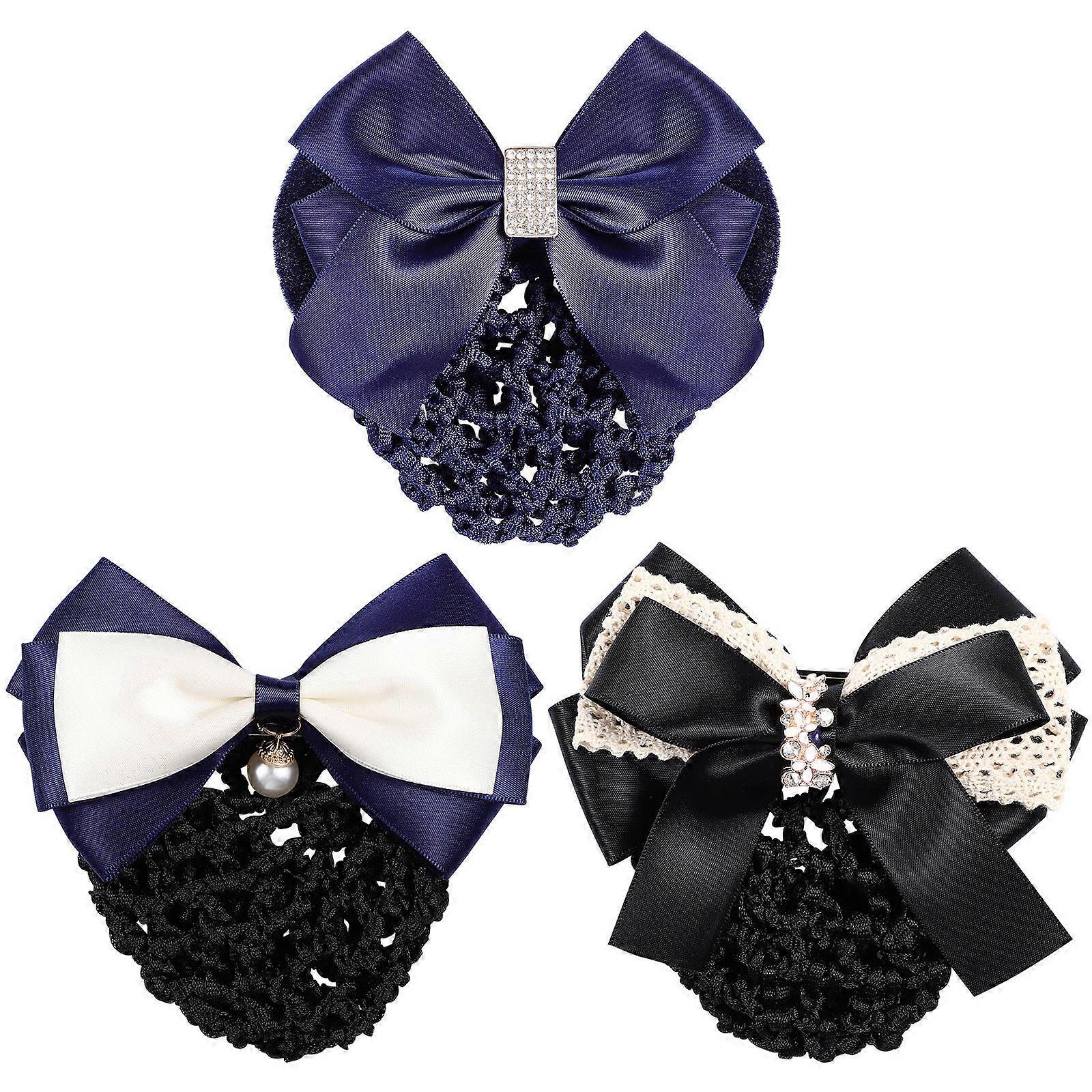 Assorted Color Fabric and Lace Hair Nets for Buns Hair Accessories with Bowknot Design Set of 3