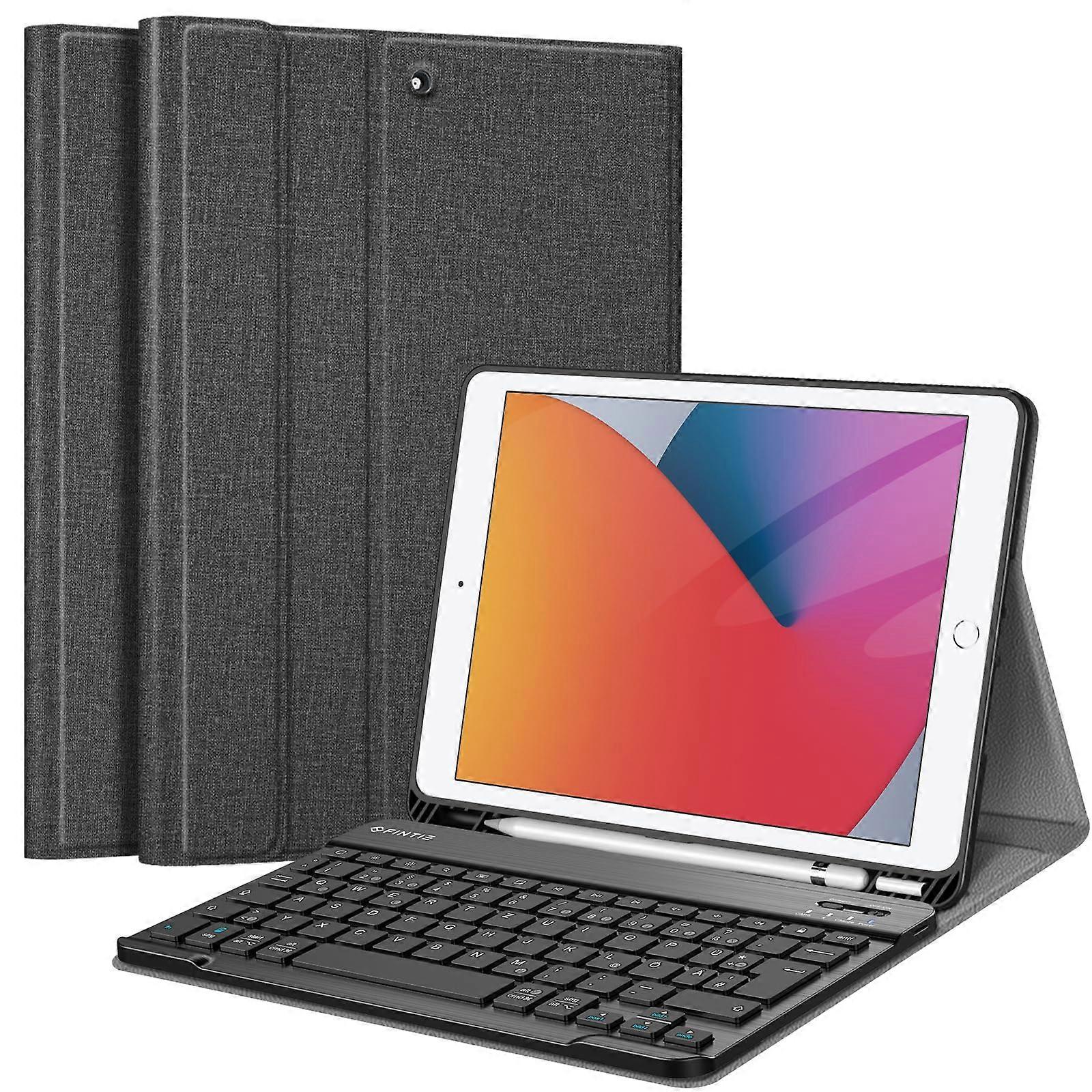 Keyboard Case for iPad 10.2 Inch (8th & 7th Gen) - Soft TPU Back Cover with Pencil Holder, Magnetic Detachable QWERTZ Keyboard, Dark Gray