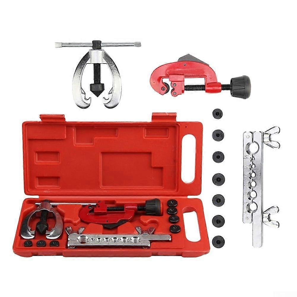 Flaring tool set with 7 cutting dies and sturdy pipe cutter for automotive use