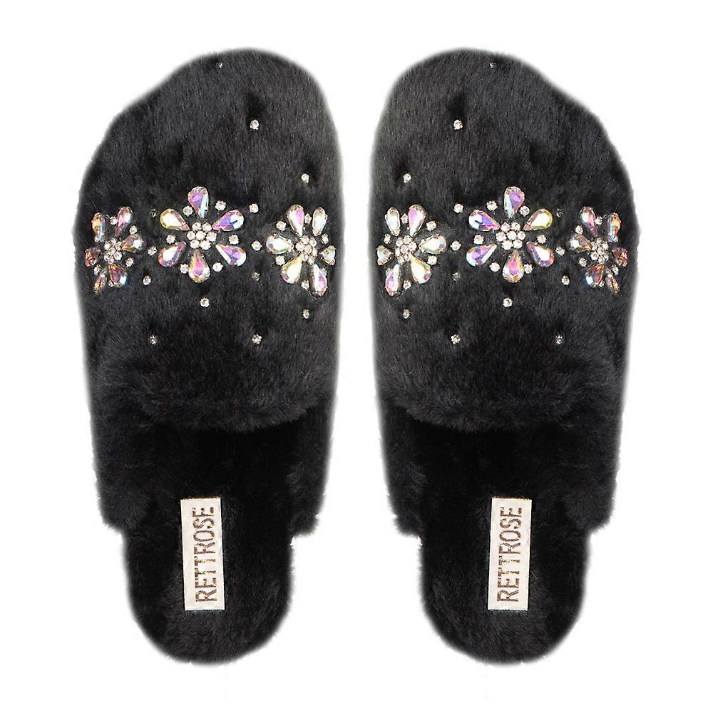 Rettrose kamila black women’s luxury slippers – plush handmade faux fur slippers with diamanté embellishment by rettrose