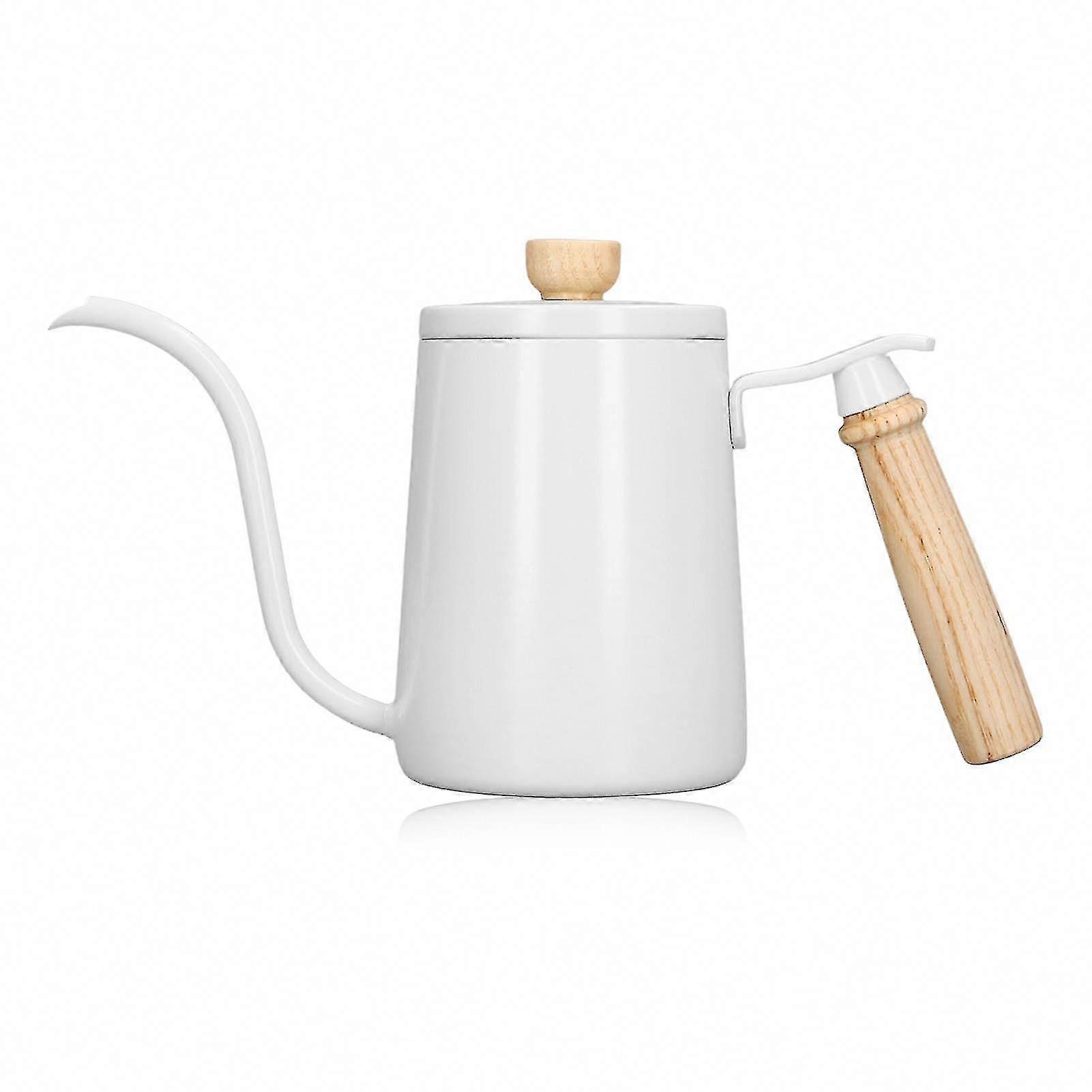 Bollitore a collo di cigno in acciaio inox 600ml per caffè con manico in legno - bianco
