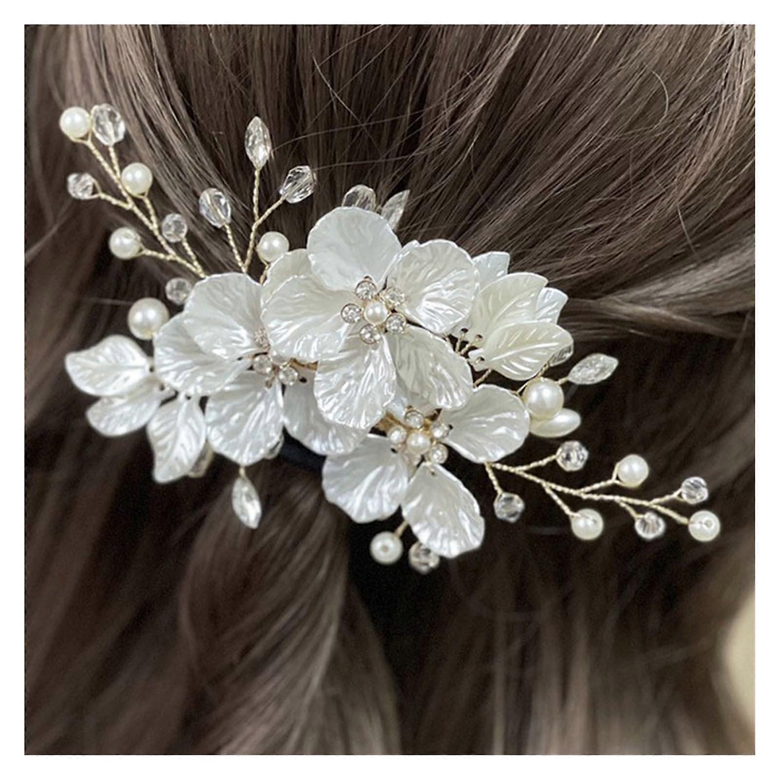 Bridal Crystal Pearl Headband with Shell Flower and Leaf Design for Wedding or Party (Color 2)