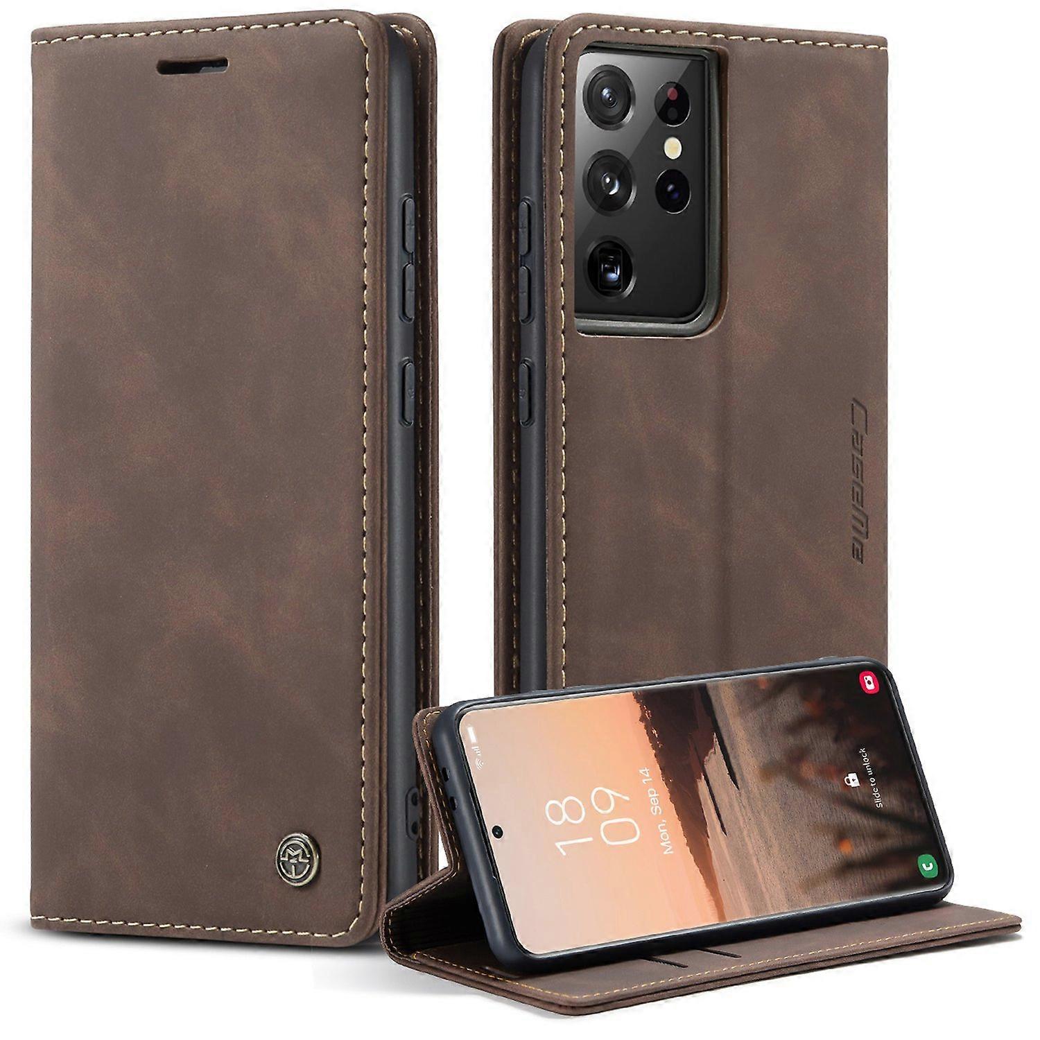 CASEME 013 Series Fermoir magnétique Stand Wallet Coque en cuir pour Samsung Galaxy S21 Ultra 5G - Café