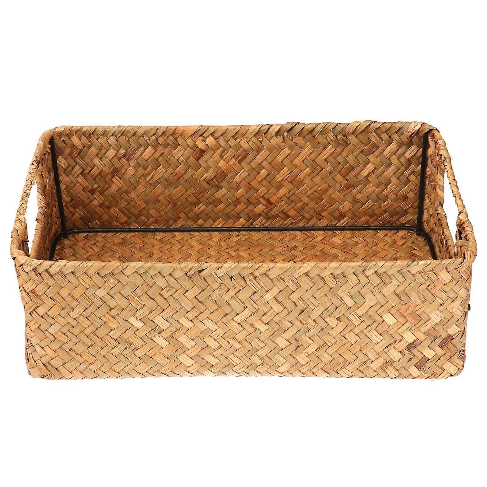 Retro Hand Woven Seaweed Storage Basket Rectangular Organizer for Home Clothes and Sundries Natural Material Yellow