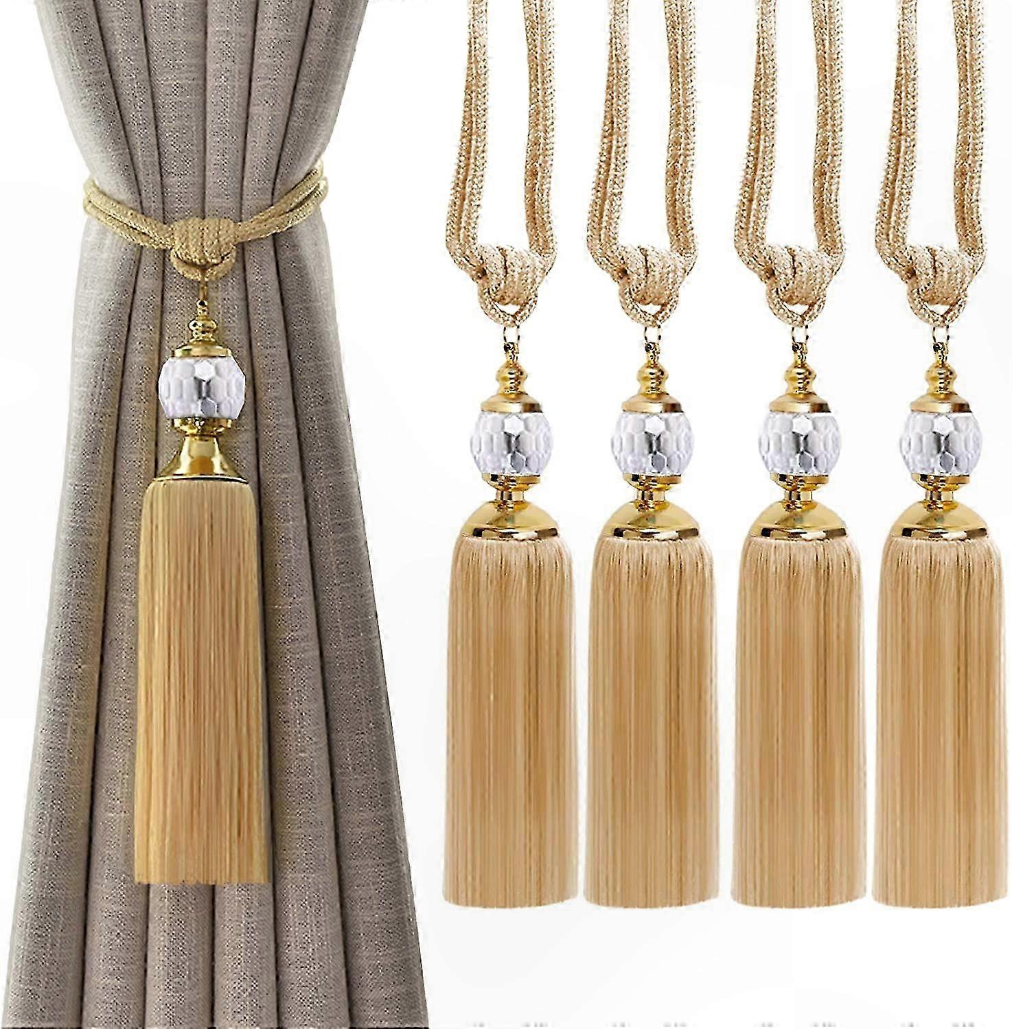 Decorative Crystal Ball Tassel Tiebacks for Curtains, 4 Pack Window Drapery Holdbacks with Braided Design