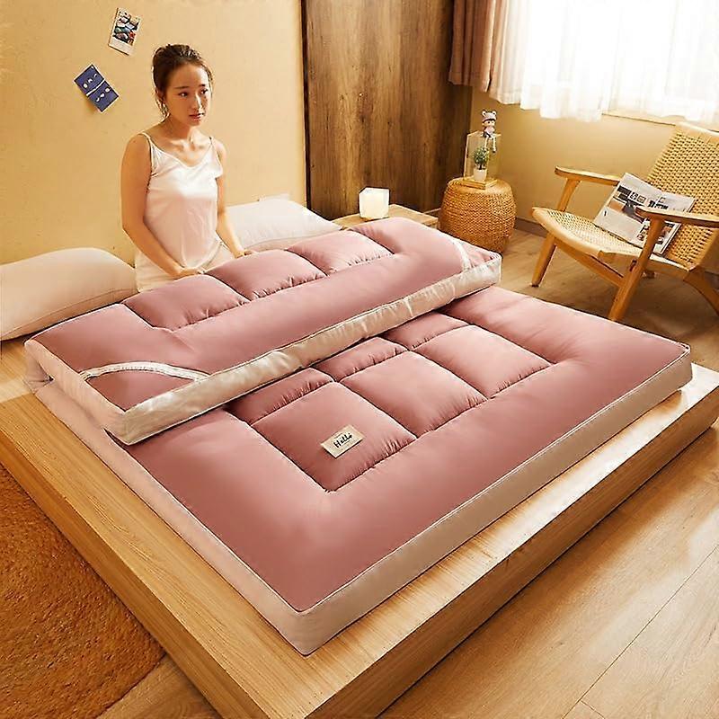 Japanese Futon Mattress Single Or Double Foldable Breathable Portable Sleeping Pad For Camping, NonSlip, Pink 180x200cm