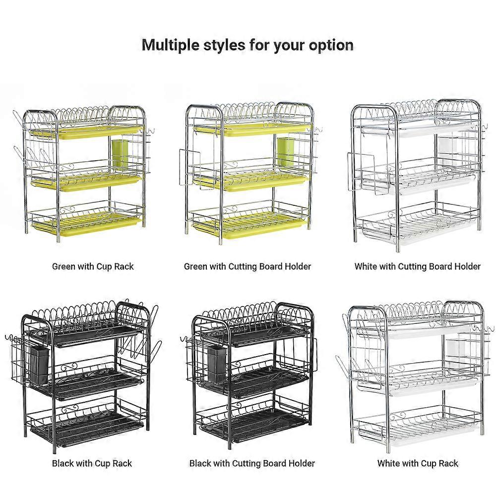 3-Tier 42-56cm Rustproof Dish Rack with Drainboards & Utensil Holder