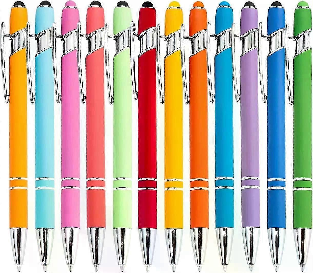 Ballpoint Pen with Stylus Tip, 12 Pieces Rainbow Rubberized Soft Touch