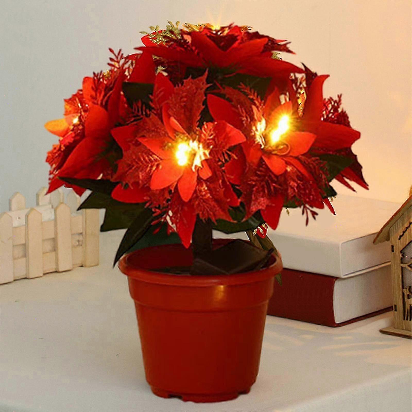 Newway 桌面一品红树灯圣诞植物带灯一品红花人造照明节日派对中心装饰桌装饰 Chri