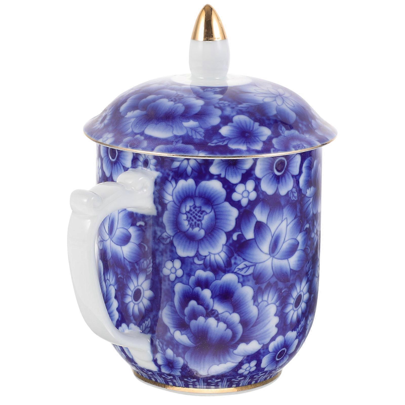 Blue Loose Leaf Tea Cup with Lid for Steeping Tea 4Pcs Ceramic Set