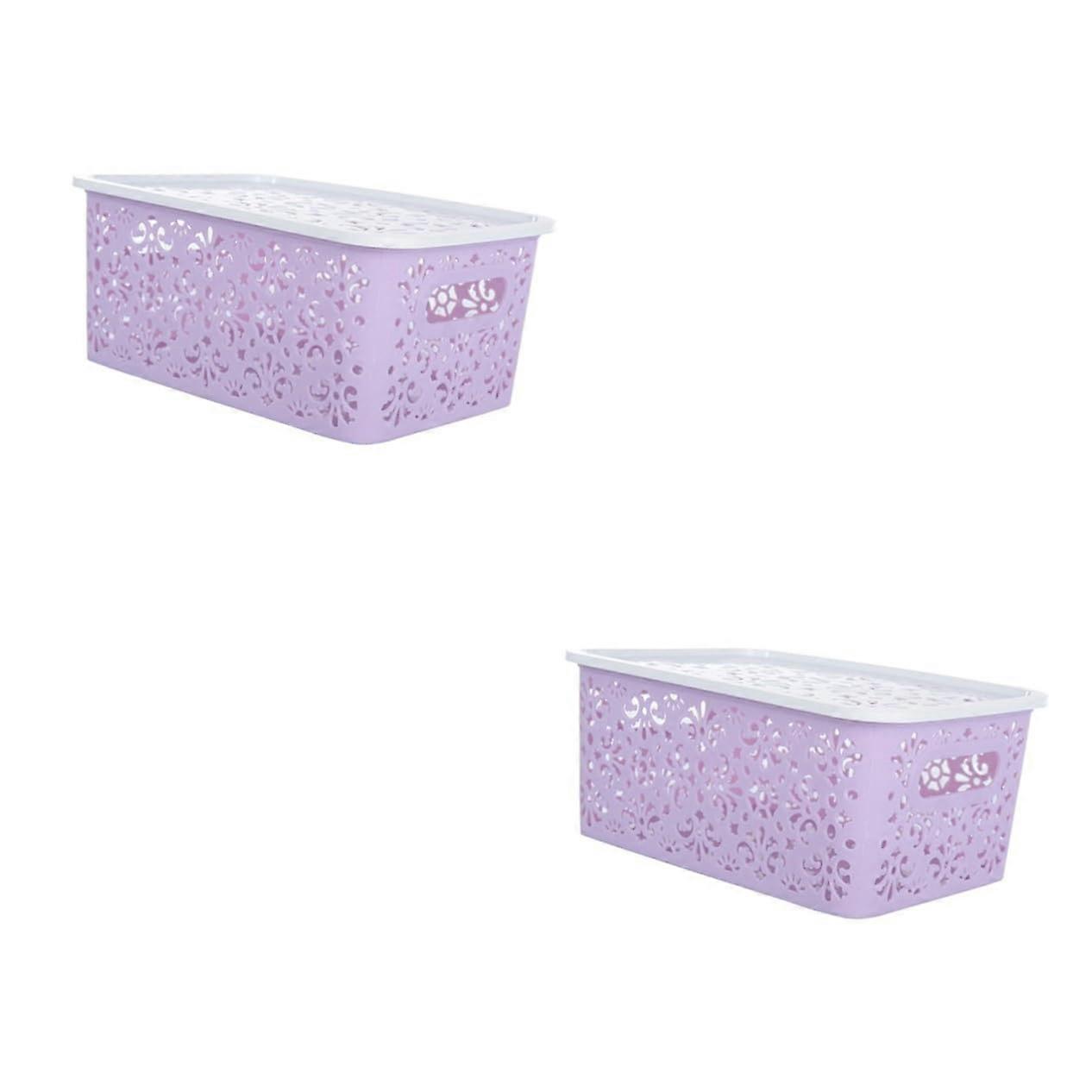 Stackable Plastic Storage Basket 2pcs With Lid Small Purple Hollow Pattern Organizer Box For Clothes Cosmetics PP Plastic