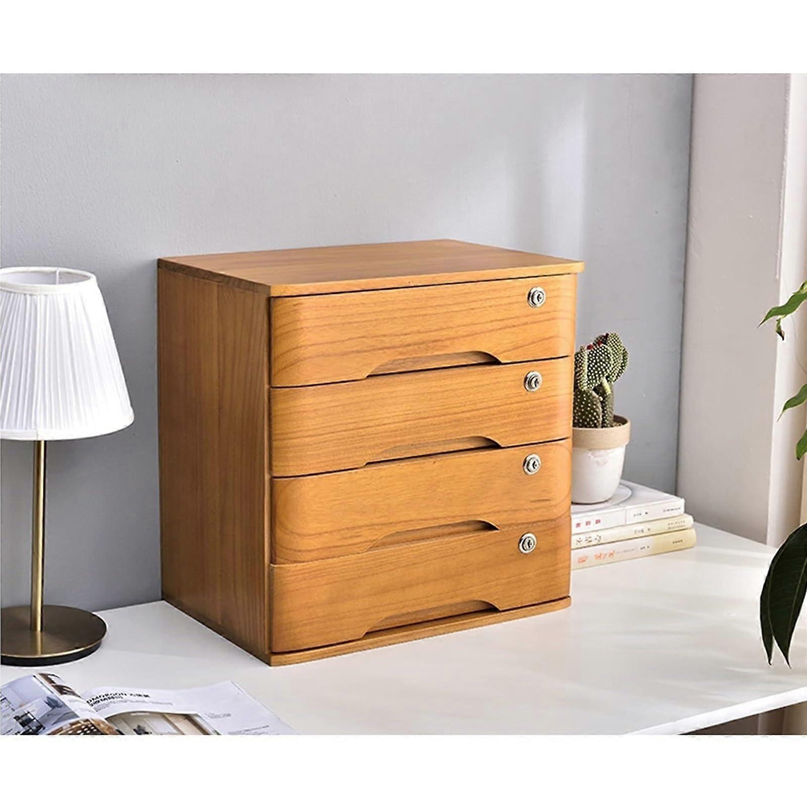 Rustic Solid Wood 4Drawer Desktop Storage Cabinet with Lock for Office, Home and School Documents
