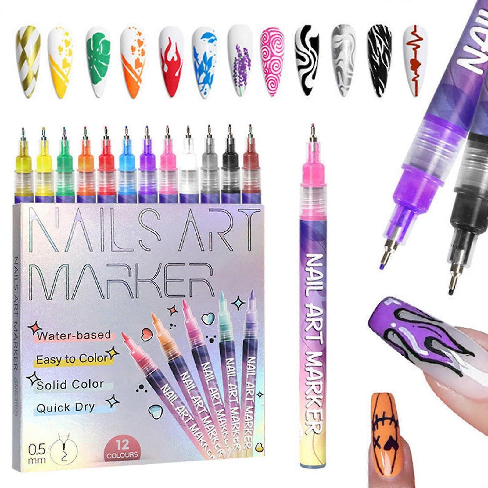 12 Color Nail Art Pens Set with Fine Precision Tip, Quick Dry Markers for Gel and Acrylic Nails