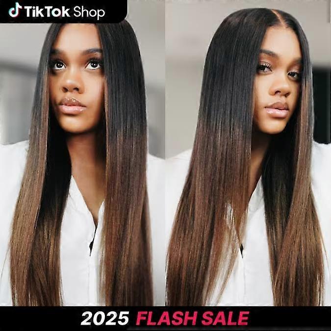 ��New In��UNice Glueless Ombre Chestnut Brown Yaki Straight Wig with Drawstring Pre Cut 7x5 Lace Human Hair Wigs with Bleached Knots Beginners