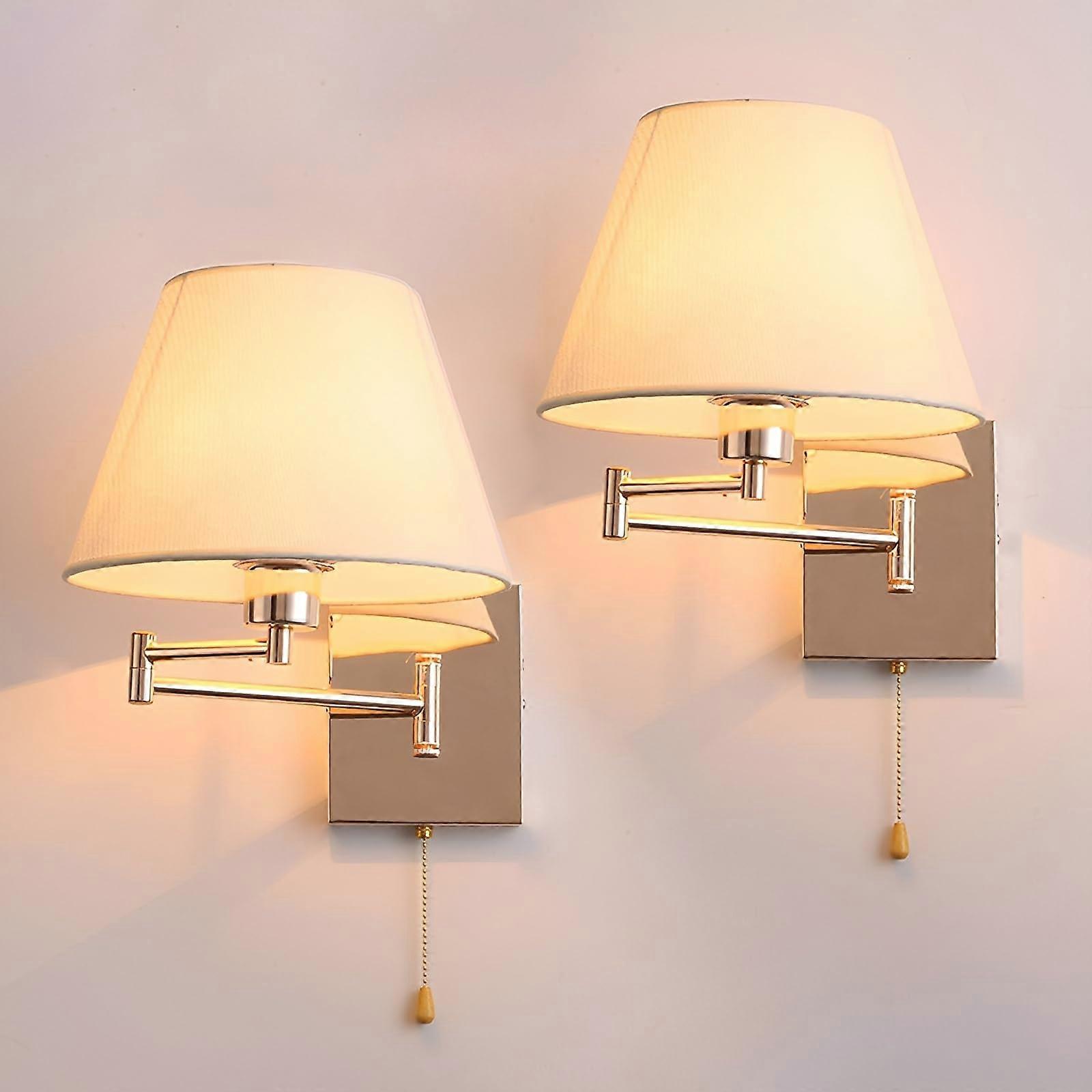Swing Arm Wall Sconce Set of 2 with Fabric Shade, Adjustable Wall Lamp with Pull Chain for Bedroom