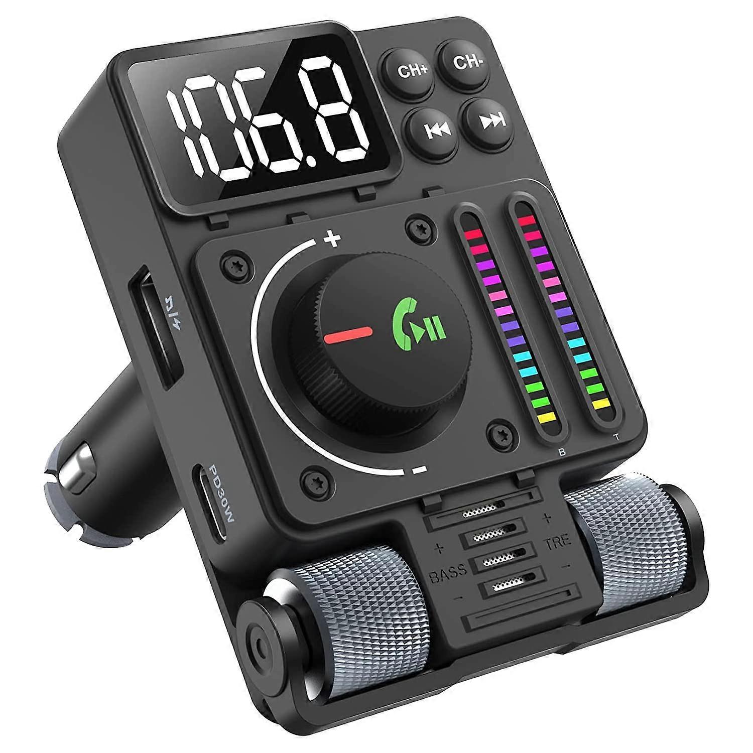 Bluetooth Transmitters Car Bluetooth 5.3 FM Transmitter PD 30W Type C Fast Charge USB Port HiFi Treble Bass