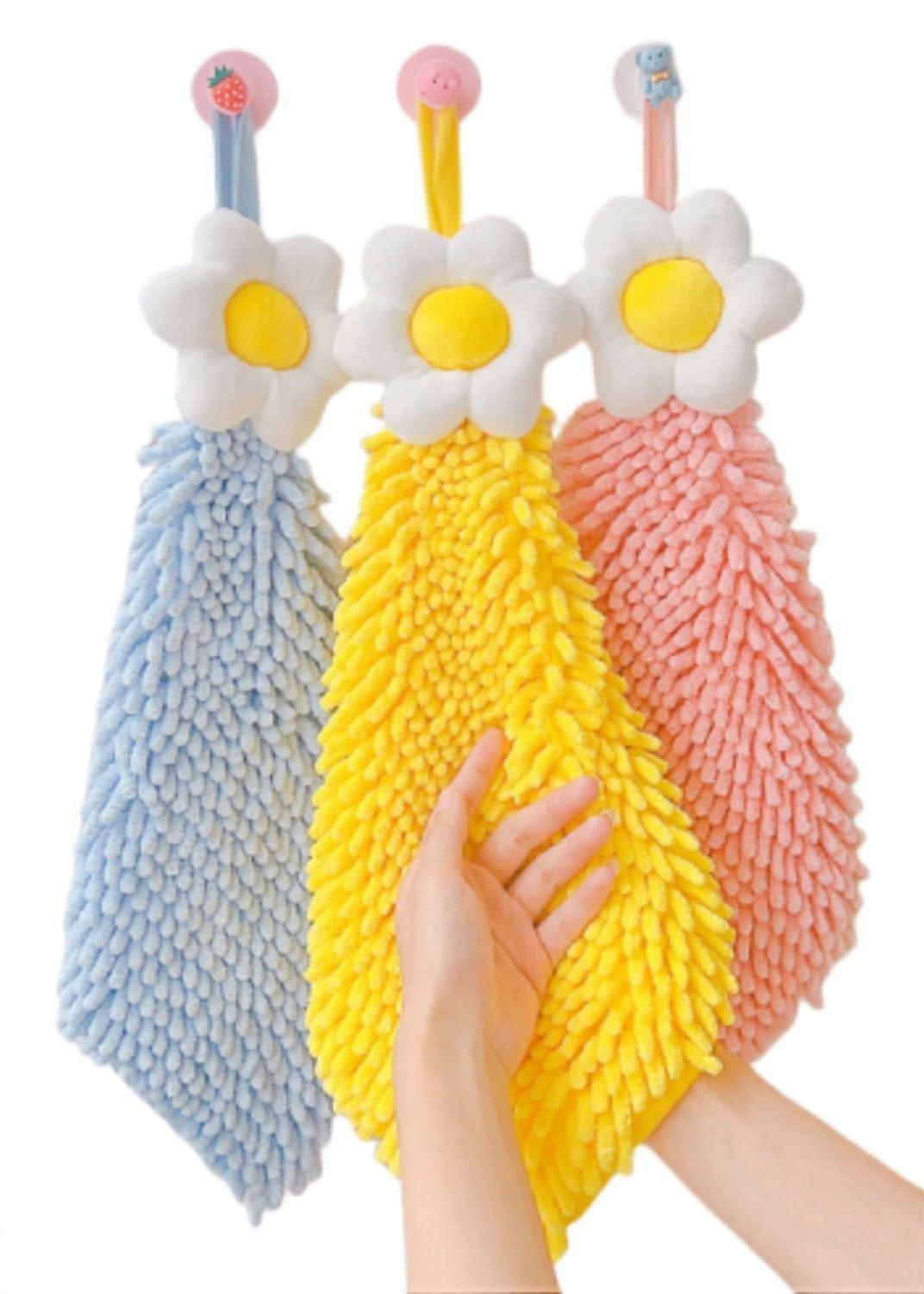 3 Pack Chenille Hand Towels with Hanging Loop, Soft Absorbent Flower Design for Kitchen and Bath