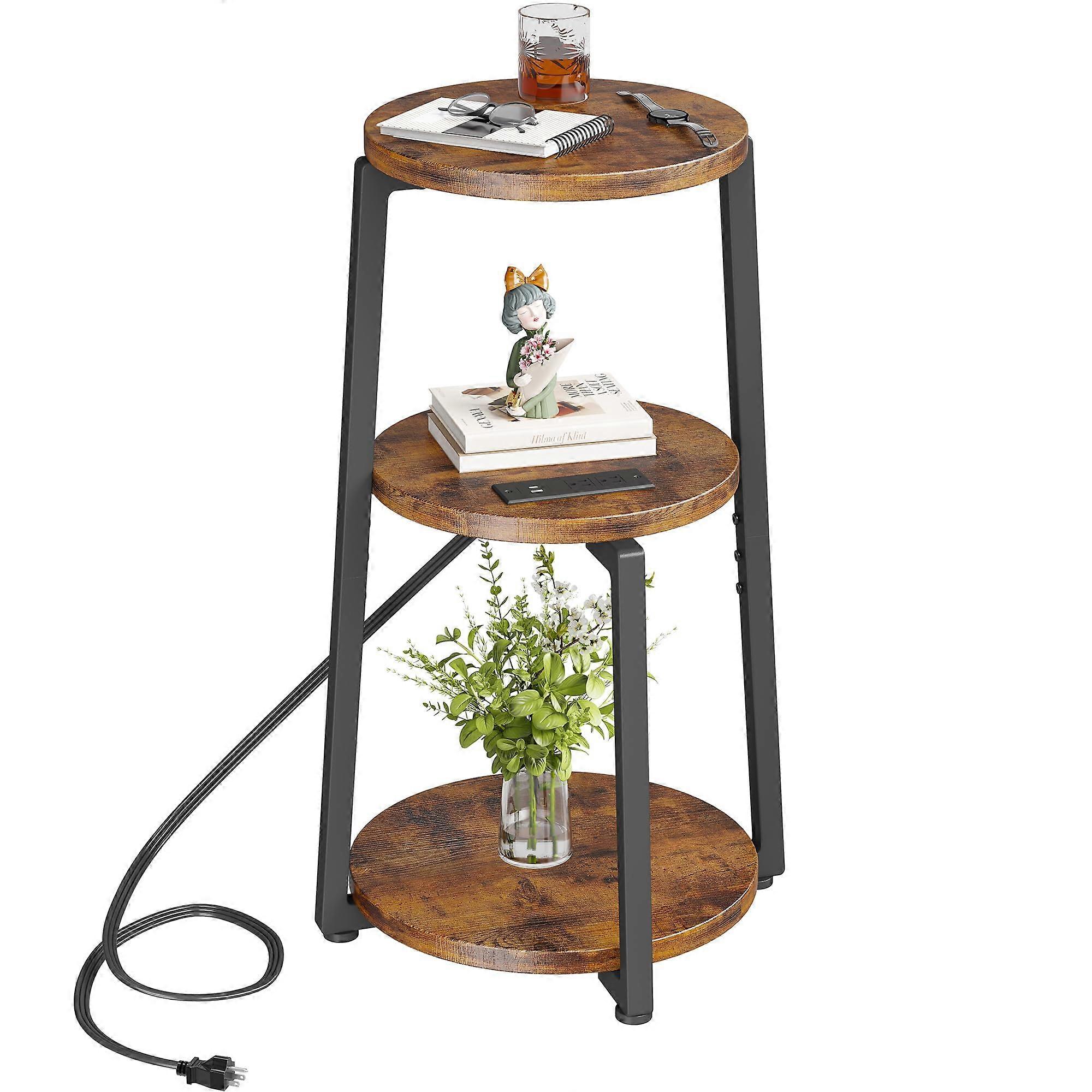 Round End Table with Charging Station, 3Tier Nightstand with USB Ports and Outlets, Rustic Brown
