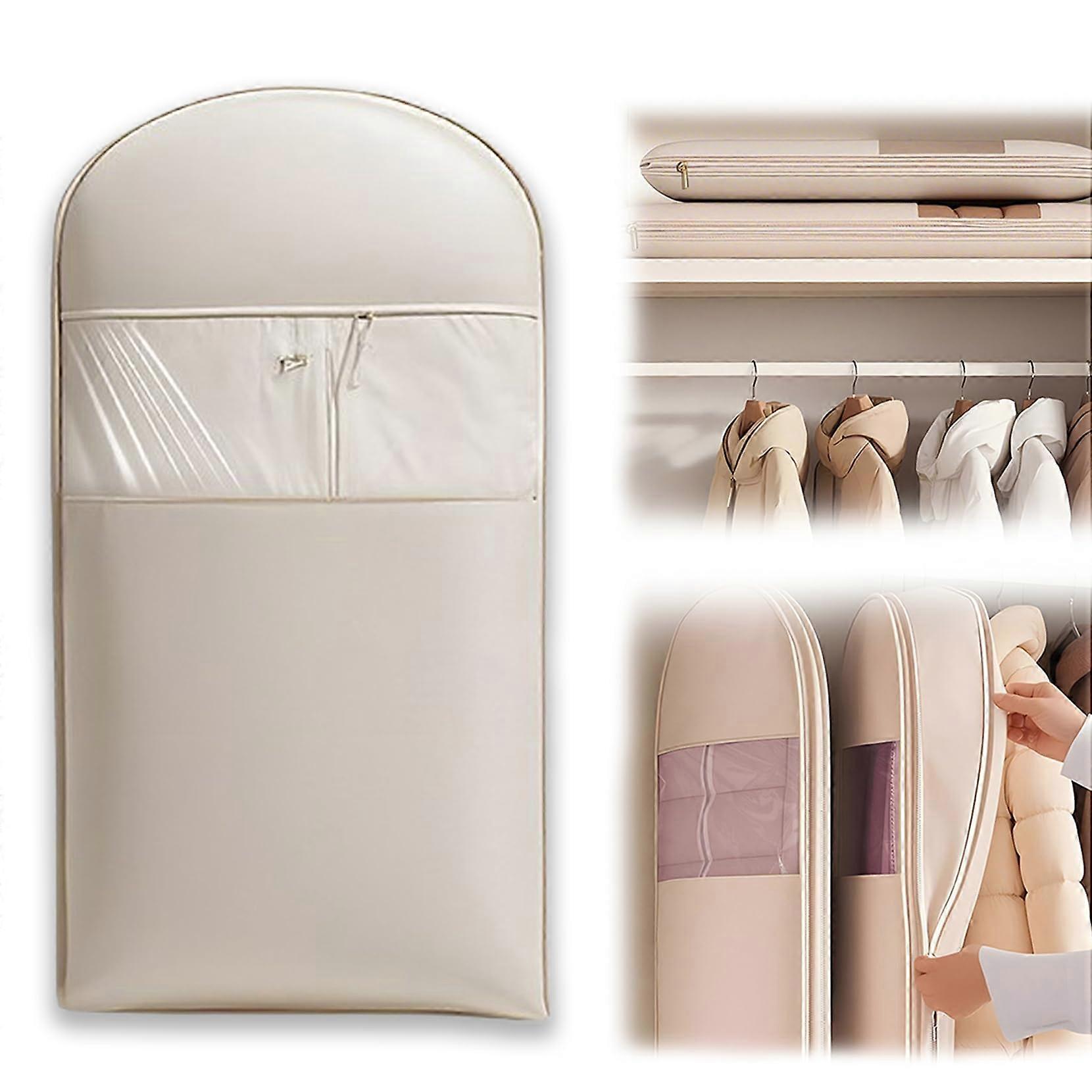 Space Saving Hanging Garment Bag with Compression Zipper, Waterproof Closet Organizer, Beige L