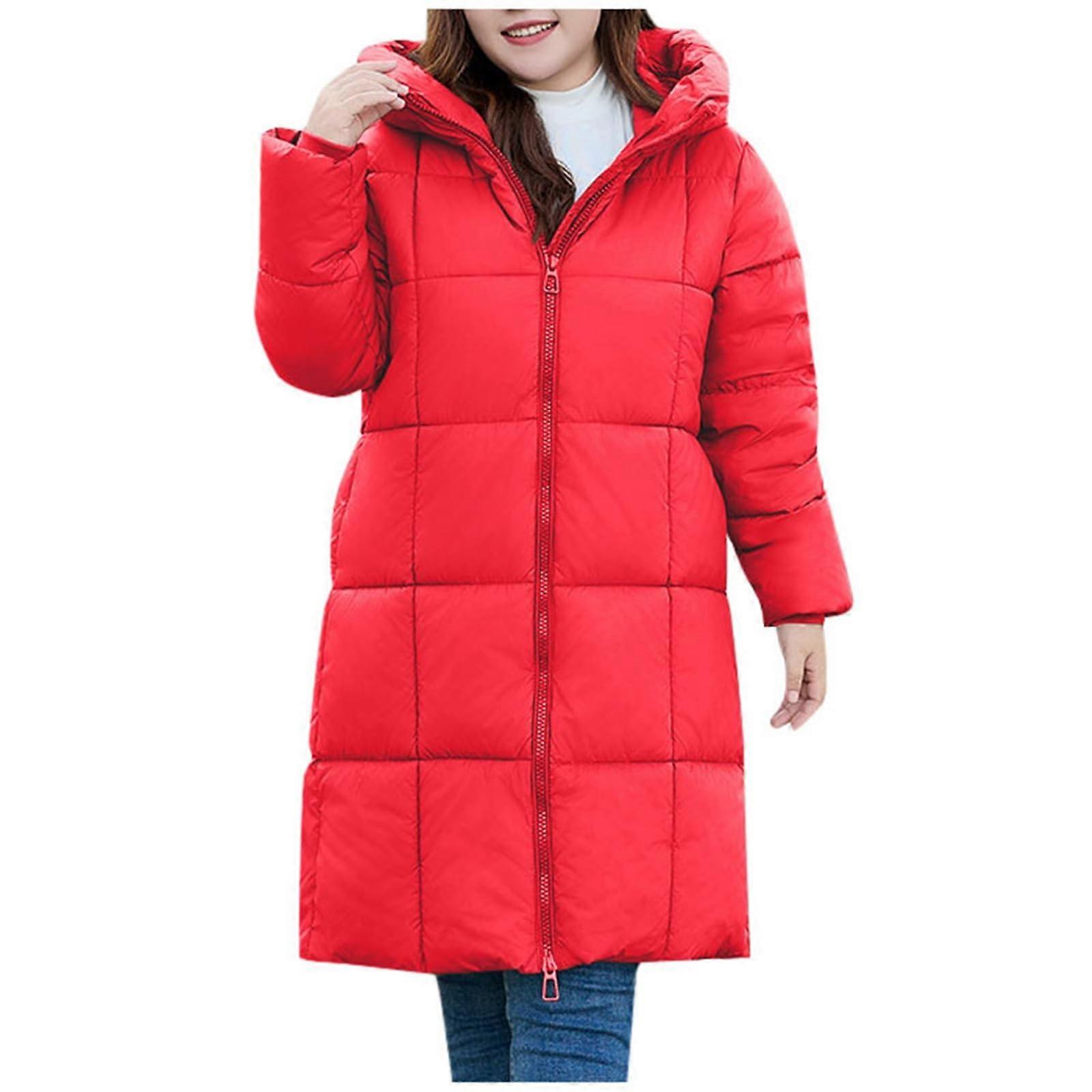 Women's Winter Coat Long Hooded Down Jacket Thick Quilted Windproof Plus Size Parka Red S