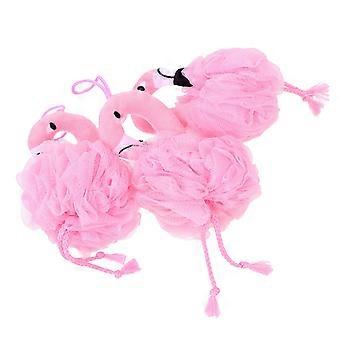 Flamingo Bath Loofah Set of 3, Cute Cartoon Shower Puff with Hanging Rope for Gentle Skin Cleansing